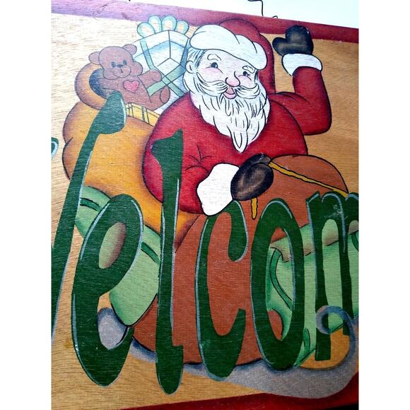 Welcome Santa Claus In Sled Christmas Wood Sign Plaque 13" x 10" Holiday Decor - Picture 3 of 5